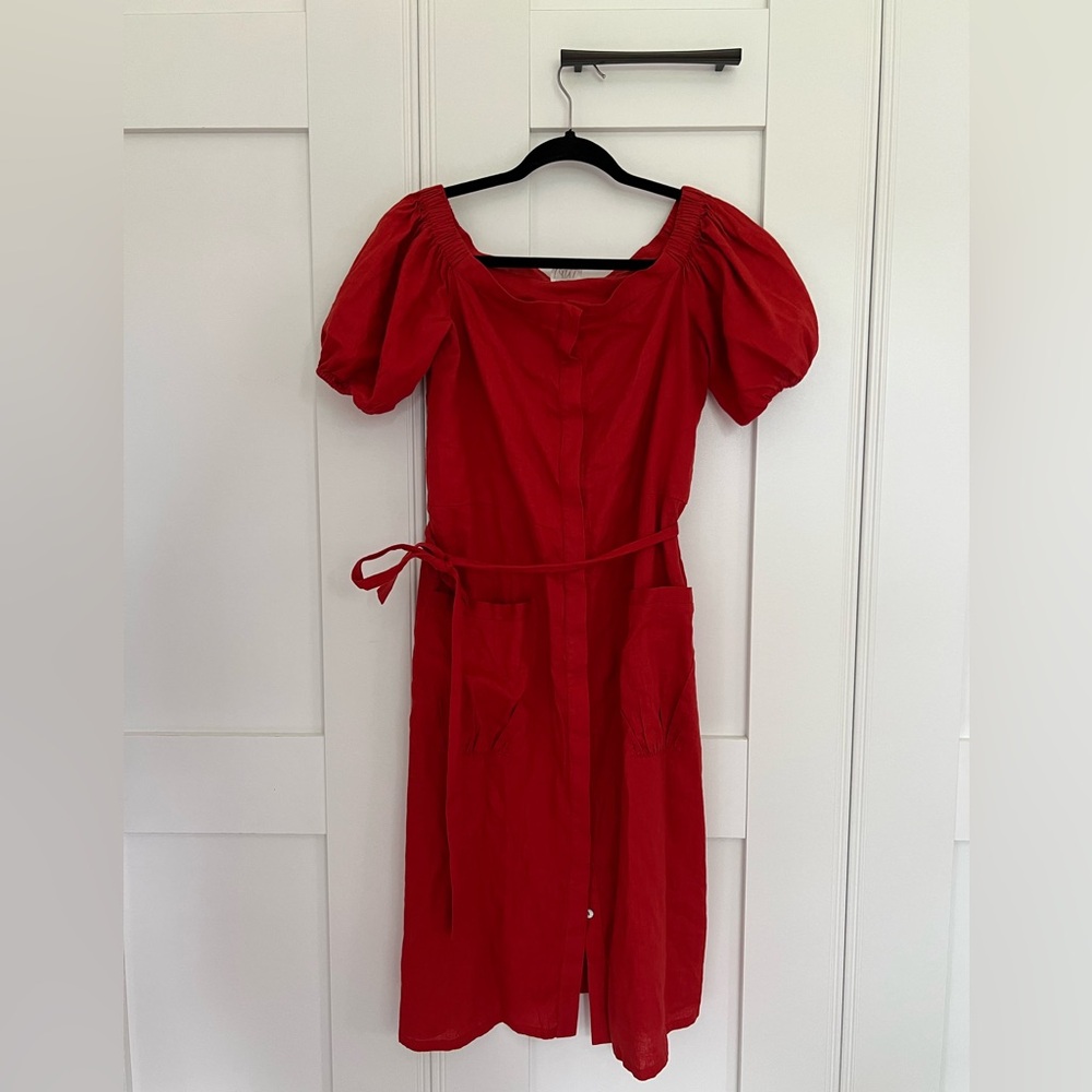 DRA LOS ANGELES Boutique orange red linen blend midi tie dress XS Anthropologie